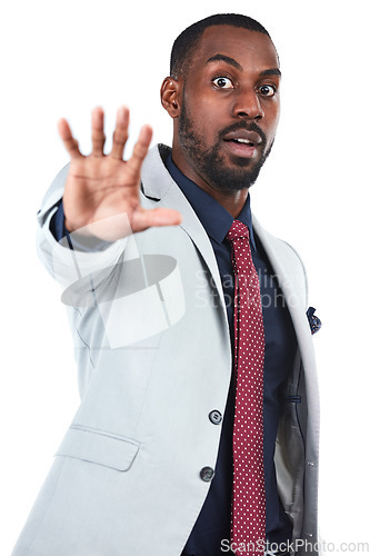 Image of Ceo, portrait and black man with stop hand for warning, problem or protection sign of people. Corporate person with anxiety, stress and worry expression at isolated studio white background