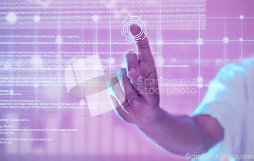 Image of Hand, 3d futuristic and man in metaverse exploring a virtual world. Digital transformation, augmented reality and male touching and pressing ux button, data overlay or ai, graphics or software app.