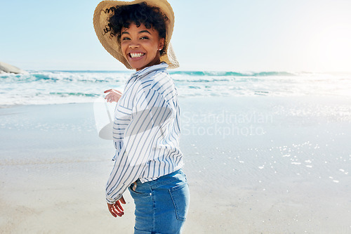 Image of Beach, summer and portrait of excited black woman with smile on holiday, vacation and weekend by ocean. Travelling lifestyle, nature and girl happy, relax and enjoying adventure, freedom and fun