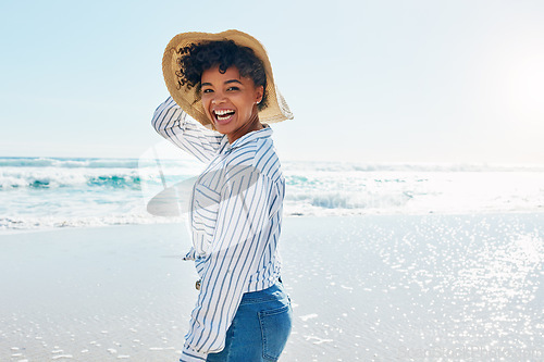 Image of Travel, summer and portrait of black woman at beach on holiday, vacation and weekend by ocean. Happy lifestyle, nature and excited girl laugh, relaxing and enjoying adventure, freedom and fun by sea