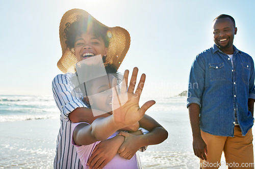 Image of Relax, smile and fun with black family at beach for happy summer break, bonding at tropical vacation. Travel and happiness with parents and daughter playing by the ocean for freedom, sea and care