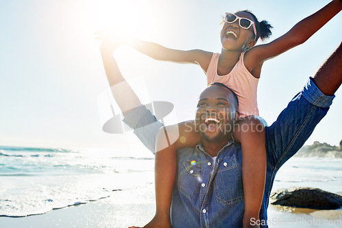 Image of Love, beach and girl on shoulder of father enjoy summer holiday, vacation and freedom on weekend. Black family, travel and happy dad and child smile on adventure for bonding, relax and fun by ocean