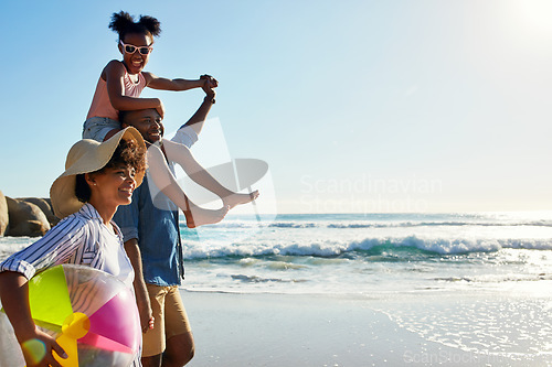 Image of Walking, beach and profile of relax black family travel, happy and enjoy outdoor quality time together. Ocean sea water, blue sky mockup or freedom for bonding people on Jamaica holiday in summer