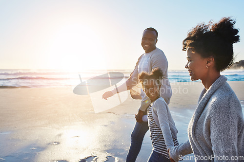 Image of Black family, sunset and walking on a beach by parents and child on vacation or holiday at the ocean or sea. Mockup, mother and father travel with daughter or kid holding hands together near water