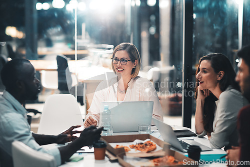 Image of Idea, late night and marketing team in discussion at workshop with laptop and pizza at startup. Teamwork, overtime and diversity, business people with food brainstorming at creative marketing agency.