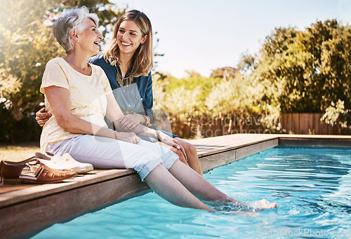 Image of Family, women by pool and relax together with love and care, quality time in summer vacation. Elderly mother, daughter and vacation, outdoor swimming pool and wellness lifestyle with happy family