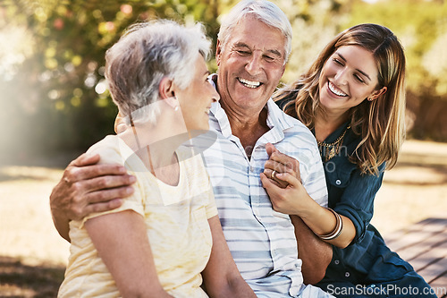 Image of Family, park and woman with elderly parents outdoors, bonding and having fun. Love, support and female with grandma and grandfather in retirement, talking and enjoying quality time together in nature