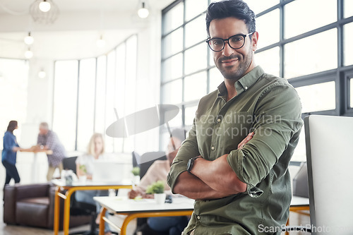 Image of Happy, smile and portrait of businessman in office for management, leadership and vision. Web design, startup and future with face of ceo in creative digital agency for mindset, mentor and goal