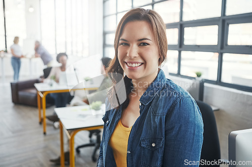 Image of Creative business woman, manager and smile for management, career or vision at the office. Portrait of a young designer standing and smiling in happiness for job, goals or startup at the workplace