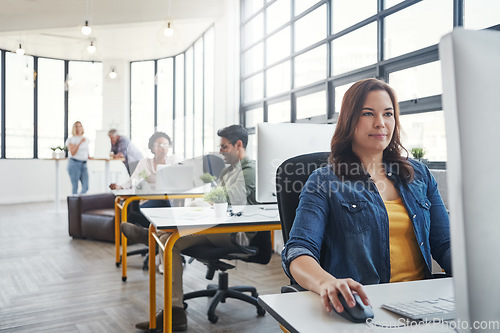 Image of Office, focus and business woman with computer working on online email, website research and project. Productivity, corporate agency and female worker at desk for planning, schedule and strategy