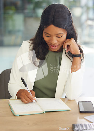 Image of Black woman, business notebook and writing in company financial planning, schedule management or startup growth innovation. Smile, happy and finance worker notes, investment ideas and strategy vision