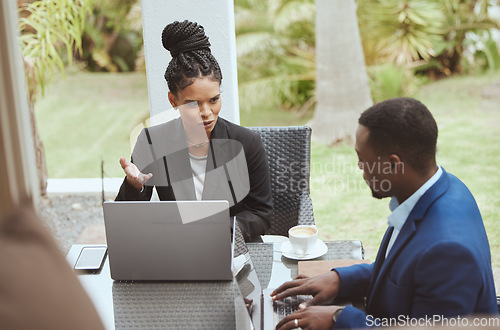 Image of Business people, businessman and black woman in meeting on terrace, backyard and finance goal on business trip. Black man, woman and morning business meeting on patio, balcony or garden for planning