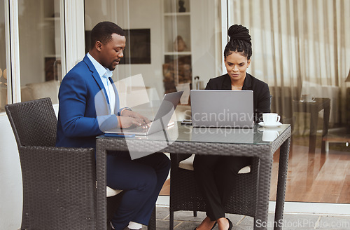 Image of Laptop, thinking or black people working remote for idea planning, creative strategy or teamwork networking. Corporate, tech or woman and man for collaboration, research or business website update