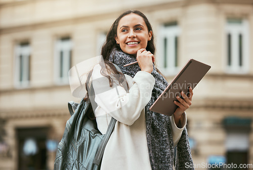 Image of Woman, tablet and thinking in the city with vision, idea or inspiration for design with smile for travel in the outdoors. Happy female holding touchscreen in thought, sightseeing or exploring outside