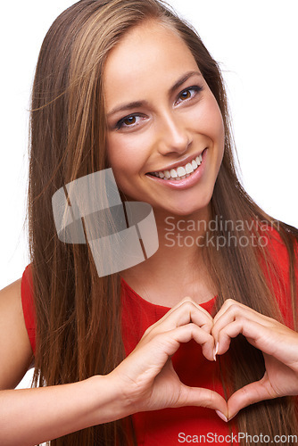 Image of Woman, happy and heart shape portrait or emoji for love sign, happiness and support in white background. Model, face and smile for self care peace, loving hand gesture or symbol in isolated studio