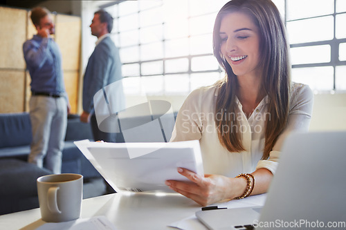 Image of Planning, documents and business woman in office workplace. Paperwork, strategy and happy female employee holding forms for financial budget, sales growth report or marketing proposal in company.