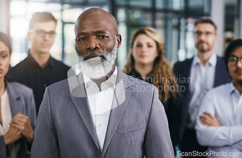 Image of Black man leader, business people and portrait, senior executive and team, collaboration and diversity in workplace. Corporate, solidarity and support with teamwork, businessman and CEO leadership