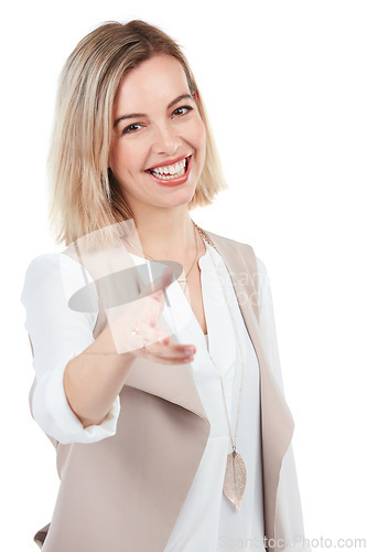 Image of Smiling, friendly and portrait of a woman with a handshake isolated on white background in studio. Thank you, trust and hr worker with hand for hello, greeting and recruitment on a studio background