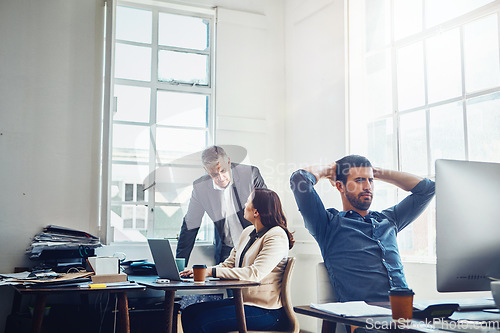 Image of Business man, computer and relax in office after finishing project or task complete. Break, resting and male employee relaxing after hard work, writing email or planning finance strategy in company.