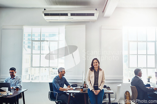 Image of Leadership, office building and portrait of woman with business people for success, vision and mission. Corporate manager, teamwork and female worker with staff for productivity, working and goal