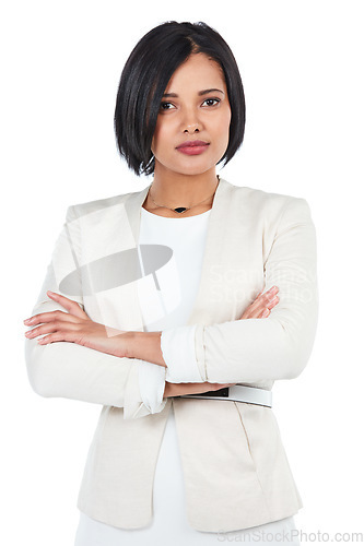 Image of Business woman, portrait with arms crossed and confidence, professional person and CEO isolated on white background. Corporate executive, success and vision with focus, management and leadership