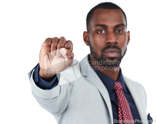 Image of Portrait, hand or fist in empowerment, equality or business protest of human rights or black lives matter. Strong man, corporate worker or solidarity gesture in support on isolated white background