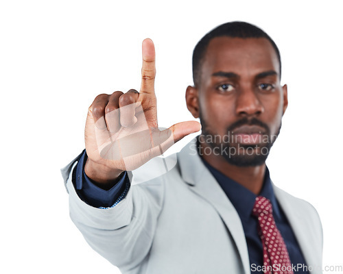 Image of Hand, loser and fail with a business black man in studio isolated on a white background to gesture an L sign. Social media, emoji and review with a male employee giving feedback on blank space