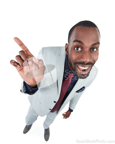 Image of High angle, portrait or worker pointing finger on isolated white background, marketing space or advertising mockup. Smile, happy or corporate businessman in creative pov, mock up or show hand gesture