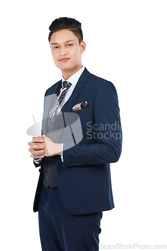 Image of Asian businessman, portrait and hands clasped on isolated white background in about us, profile picture or corporate ID. Worker, employee and ready gesture on marketing mockup and advertising mock up