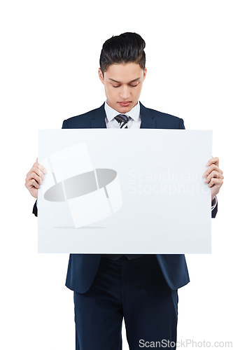 Image of Thinking businessman, paper or poster mockup for marketing space, advertising mock up or promotion. Corporate worker, banner or blank billboard sign on isolated white background for about us branding