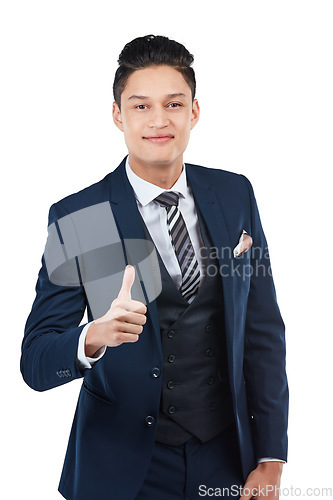 Image of Asian, businessman portrait or thumbs up in success, vote or mission goals on isolated white background. Smile, happy or corporate worker in like, thank you or winner hands gesture or support trust