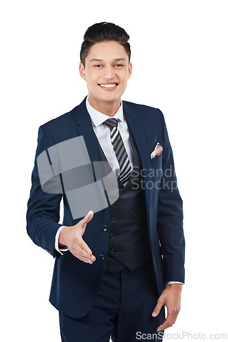 Image of Asian businessman, portrait or handshake on isolated white background for deal, welcome or hello. Smile, happy or corporate worker in shaking hands gesture for thank you, partnership or collaboration