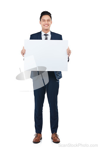 Image of Portrait, worker or poster mockup for marketing paper space, advertising mock up and promotion. Banner, blank or billboard sign for happy, smile or corporate businessman on isolated white background