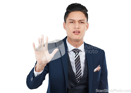 Image of Businessman, anger face and stop hands for safety warning, wait and forbidden gesture isolated in white background. Man, corporate angry portrait and employee pause hand or body standing in studio