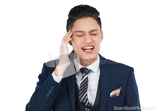 Image of Burnout, stress and businessman with a headache with pain and feeling frustrated due to mental health. Corporate and professional employee depressed and isolated against a studio white background