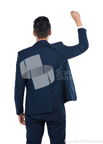 Image of Man, hands up and fist in business empowerment, solidarity and community support on isolated white background. Corporate worker, employee and protest hand gesture for gender equality and human rights