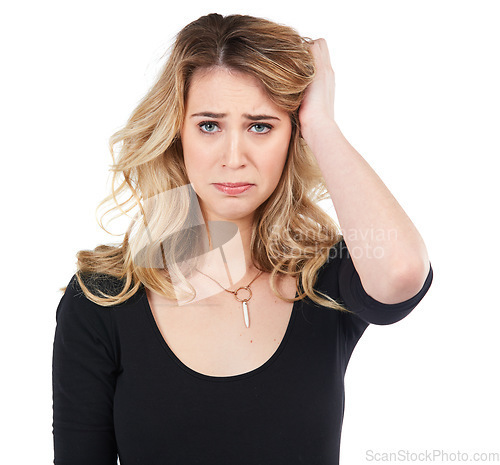 Image of Sad, depression and portrait of woman on a white background for upset, depression and unhappy emotion. Sadness, fail and isolated girl with depressed, crying and negative facial expression in studio