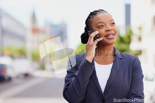 Image of Phone call, city and mockup with a business black woman talking during her outdoor commute for work. Contact, communication and networking with a female employee using 5g mobile technology to talk