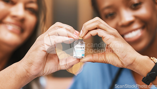 Image of Covid vaccine, heart and hands of people in nursing home for support of medical innovation, medicine product and vial bottle. Corona virus vaccination, healthcare and finger shape for patient healing