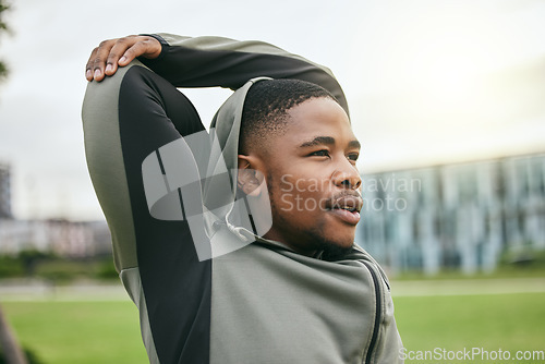 Image of Stretching, arms and black man training in the city, fitness start and running motivation in Costa Rica. Commitment, vision and African runner with a warm up for cardio workout and body performance