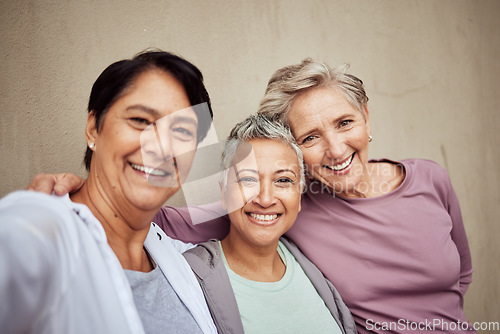 Image of Senior women, selfie and happy fitness support together for exercise workout motivation, training wellness and retirement lifestyle. Elderly friends, sports portrait and happy face for cardio care