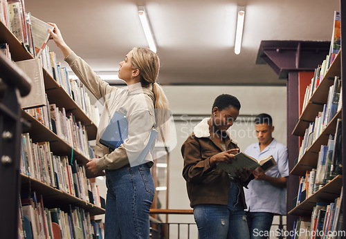 Image of Education, book search or girl in library at university, college or school bookshelf learning or studying. Research, scholarship or gen z student focused on knowledge growth, goals or development