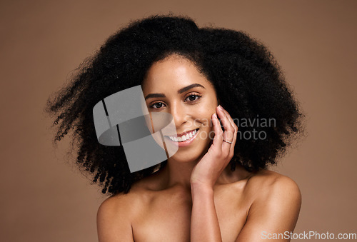 Image of Face of black woman, beauty and skincare portrait with a smile, glow and happiness for clean skin on studio background. Aesthetic model with afro hair and dermatology, cosmetics and makeup results