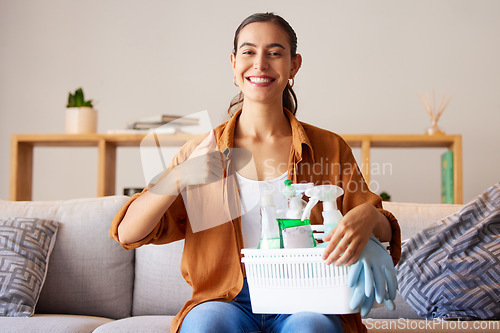 Image of Woman, portrait and thumbs up for home, cleaning and housekeeping with container of product tools. Happy cleaner, maid and thumb up review for good service, hand emoji and disinfection maintenance