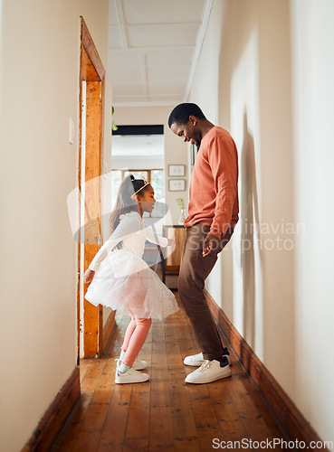 Image of Dance, happy and ballet with father and daughter learning, support and carefree bonding. Princess, teaching and music with dad and girl in black family home for freedom, wellness and helping