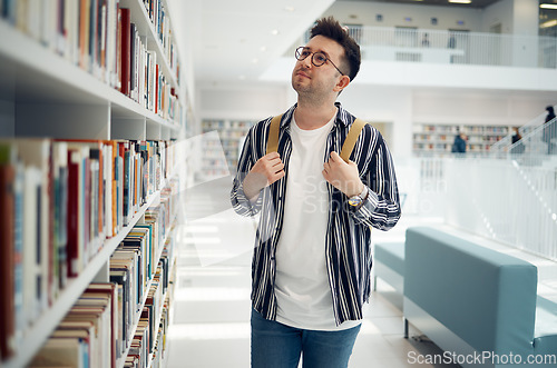 Image of Library bookshelf, student and search for university, college or school books for research, learning and knowledge. Study, reading print and geek man with backpack for history, language or philosophy