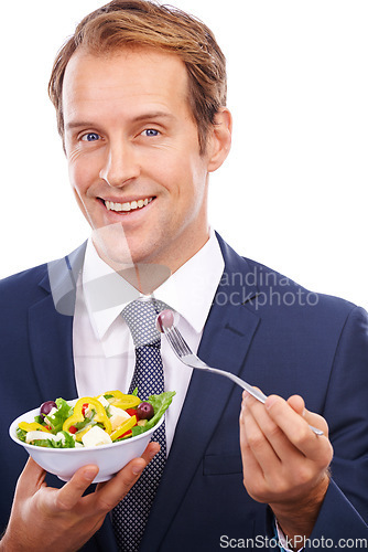 Image of Business man, smile portrait and eating salad for healthy nutrition, green food diet and employee health motivation. Corporate man, vegan lunch meal and happiness, isolated in white background studio