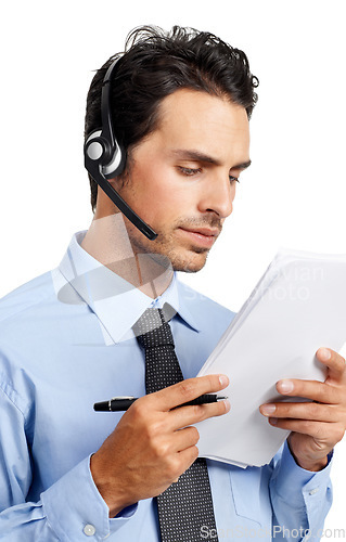 Image of Customer service communication, documents and call center consultant on telecom microphone, contact us CRM or telemarketing. E commerce, customer support consulting and man review financial portfolio