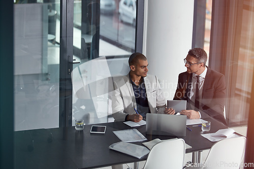 Image of Business team, tablet and planning collaboration online for finance strategy or partnership. Management men together in a meeting discussion with documents and internet for tax audit report in office