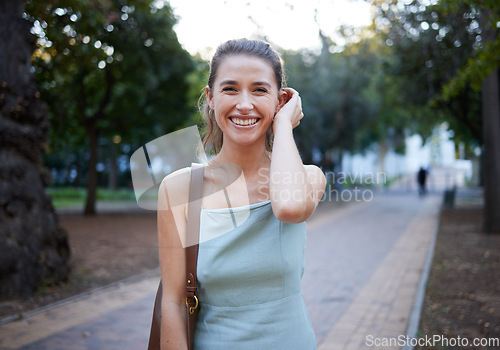 Image of Student, woman smile portrait and park walking of a person happy in a garden outdoor. Happiness, smiling and nature walk of a beautiful young female smiling with freedom on university campus